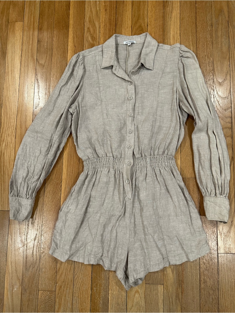 We Wore What Linen Button Up Romper Long Sleeve Shorts Medium